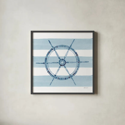 Nautical Ship Wheel by Yvette St. Amant. Shown in a sleek black glass frame for a contemporary gallery look. Available as an archival giclee rolled canvas, fine art paper, or poster print. SKU 90123a.