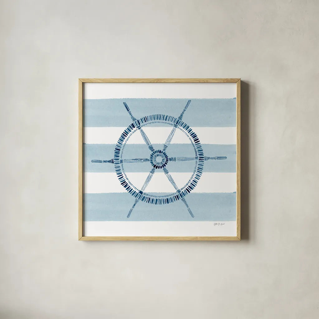 Nautical Ship Wheel by Yvette St. Amant. Shown in a natural wood glass frame for a timeless modern aesthetic. Available as an archival giclee rolled canvas, fine art paper, or poster print. SKU 90123a.