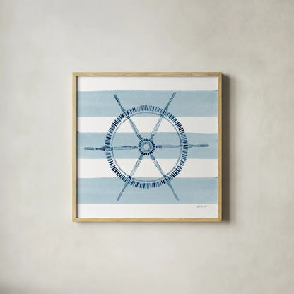 Nautical Ship Wheel by Yvette St. Amant. Shown in a natural wood glass frame for a timeless modern aesthetic. Available as an archival giclee rolled canvas, fine art paper, or poster print. SKU 90123a.