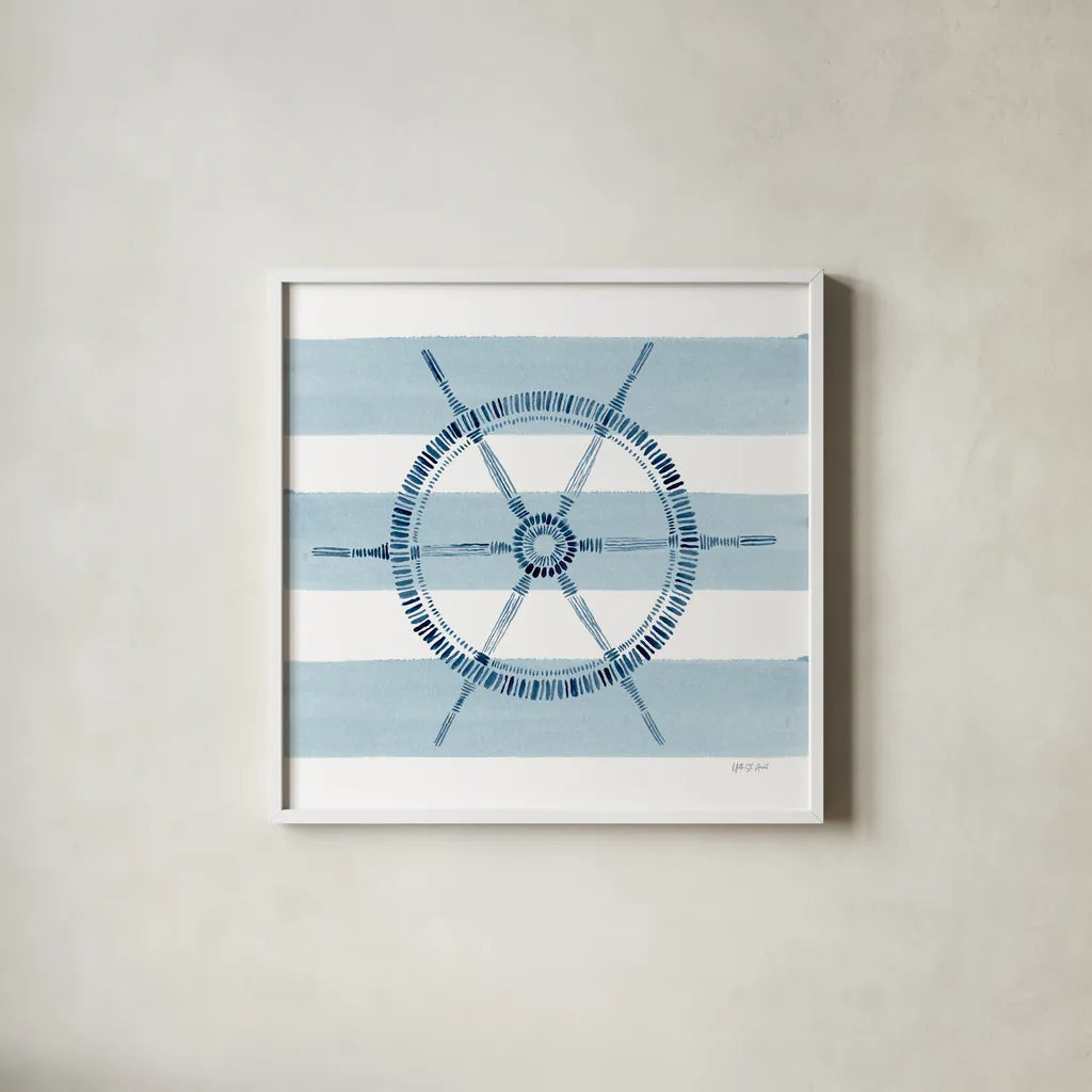 Nautical Ship Wheel by Yvette St. Amant. Shown in a crisp white glass frame for a clean and minimalist style. Available as an archival giclee rolled canvas, fine art paper, or poster print. SKU 90123a.
