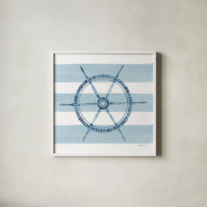 Nautical Ship Wheel by Yvette St. Amant. Shown in a crisp white glass frame for a clean and minimalist style. Available as an archival giclee rolled canvas, fine art paper, or poster print. SKU 90123a.