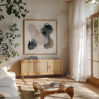 Organized Chaos by Yvette St. Amant. Shown in a natural wood frame in a cozy modern living room. Available as an archival giclee rolled canvas, fine art paper, or poster print. SKU 95174a.