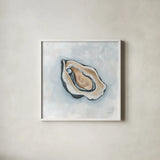 Oyster with Pearl I by Yvette St. Amant. Shown in a crisp white glass frame for a clean and minimalist style. Available as an archival giclee rolled canvas, fine art paper, or poster print. SKU 96225a.