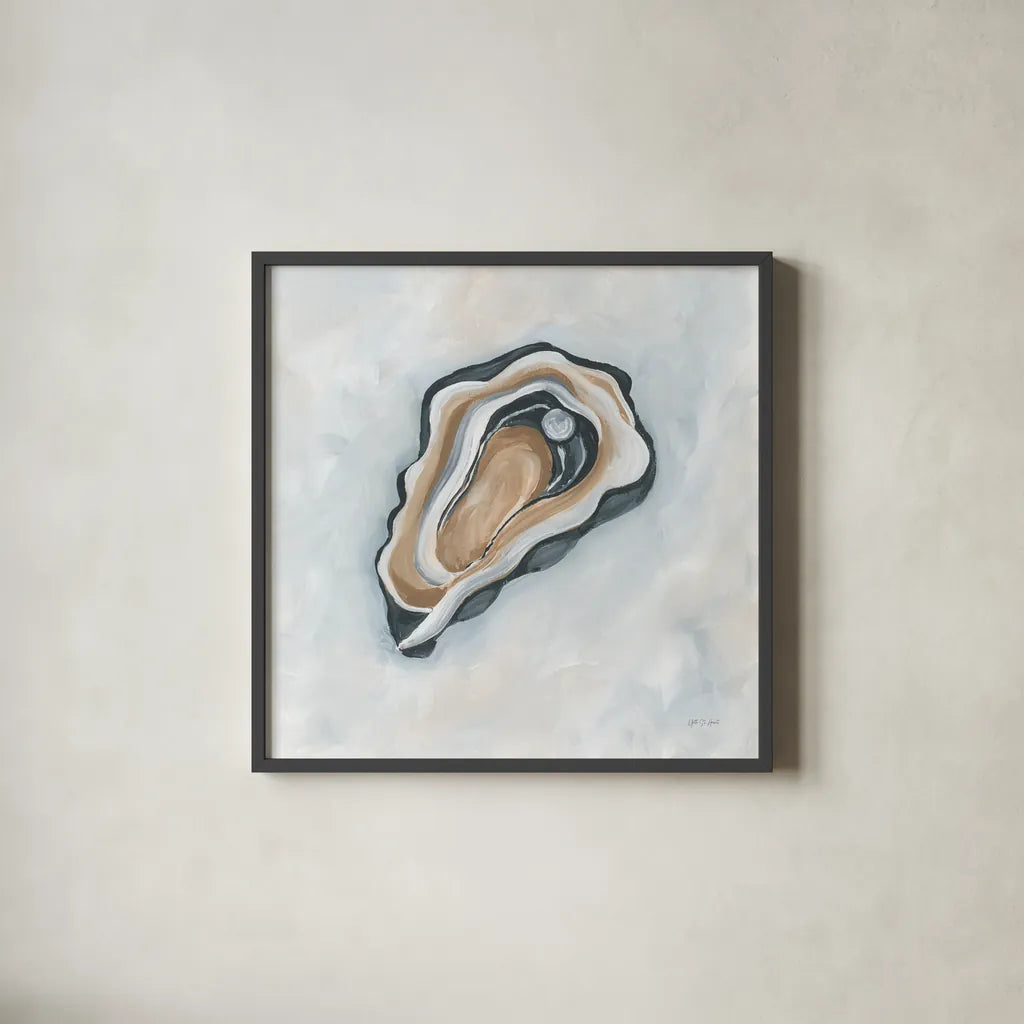 Oyster with Pearl II by Yvette St. Amant. Shown in a sleek black glass frame for a contemporary gallery look. Available as an archival giclee rolled canvas, fine art paper, or poster print. SKU 96226a.