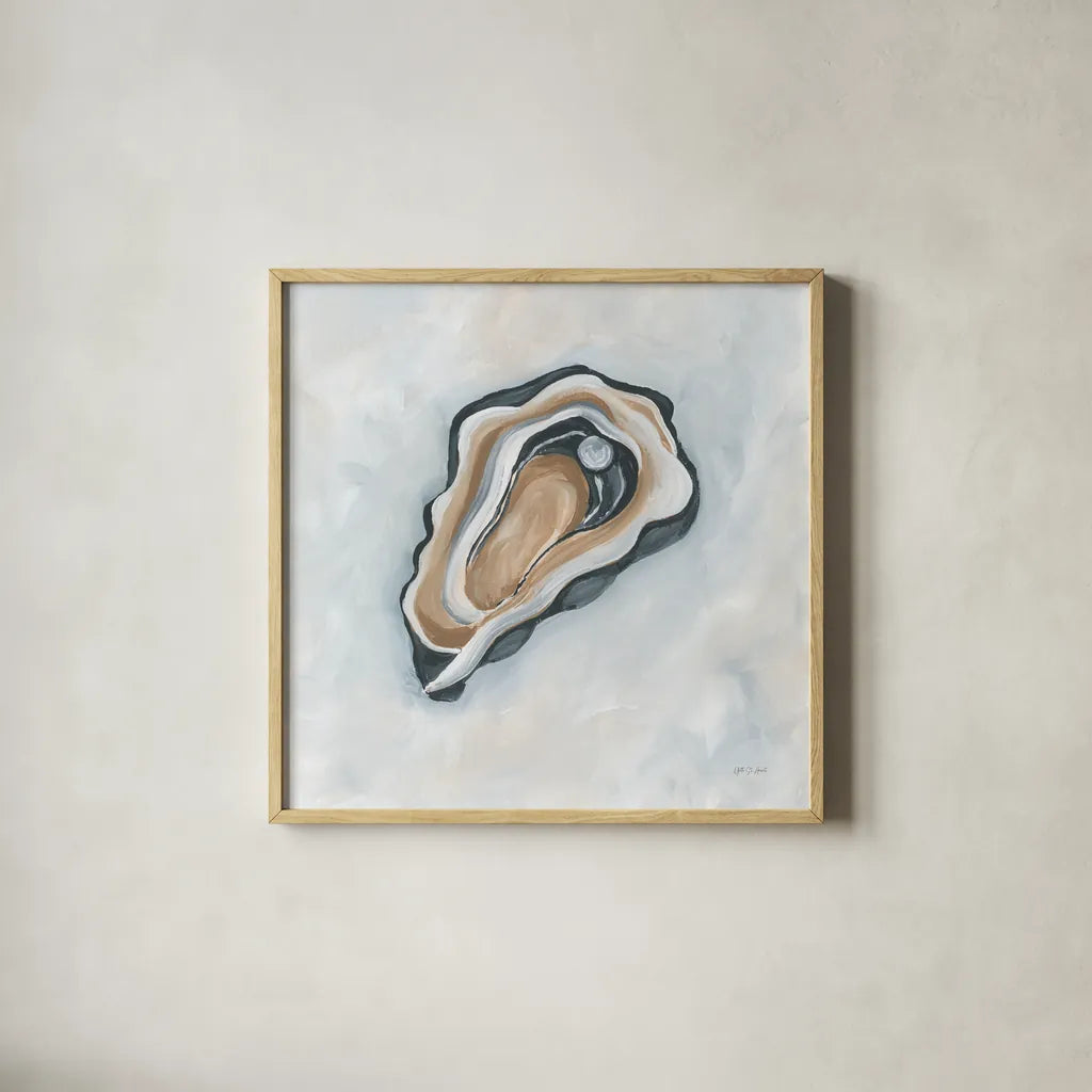 Oyster with Pearl II by Yvette St. Amant. Shown in a natural wood glass frame for a timeless modern aesthetic. Available as an archival giclee rolled canvas, fine art paper, or poster print. SKU 96226a.