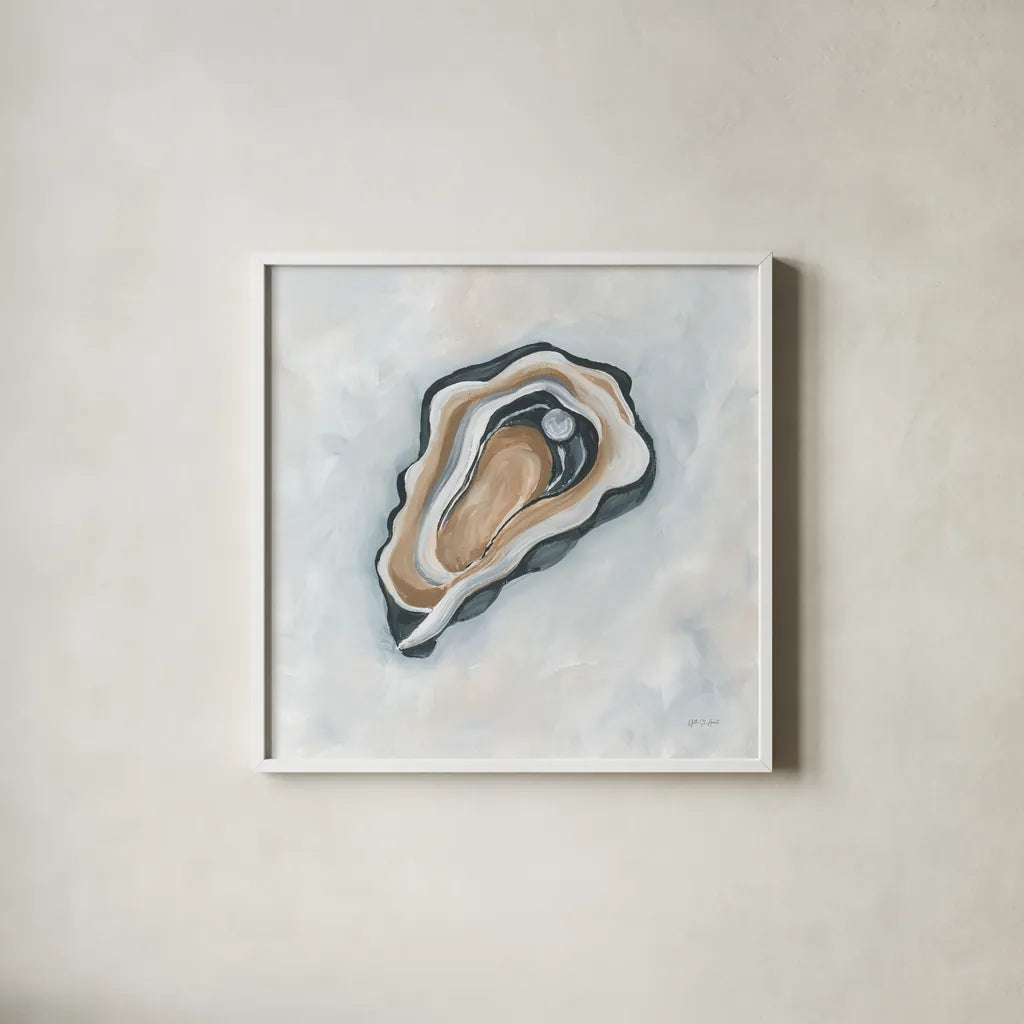 Oyster with Pearl II by Yvette St. Amant. Shown in a crisp white glass frame for a clean and minimalist style. Available as an archival giclee rolled canvas, fine art paper, or poster print. SKU 96226a.