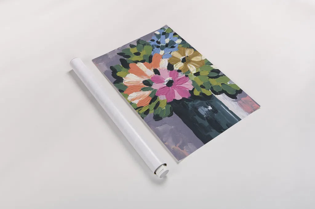 Painterly Florals in Vase I by Yvette St. Amant. shown as a rolled paper print. Available as archival giclee rolled canvas, fine art paper, or poster print. SKU 88806h.