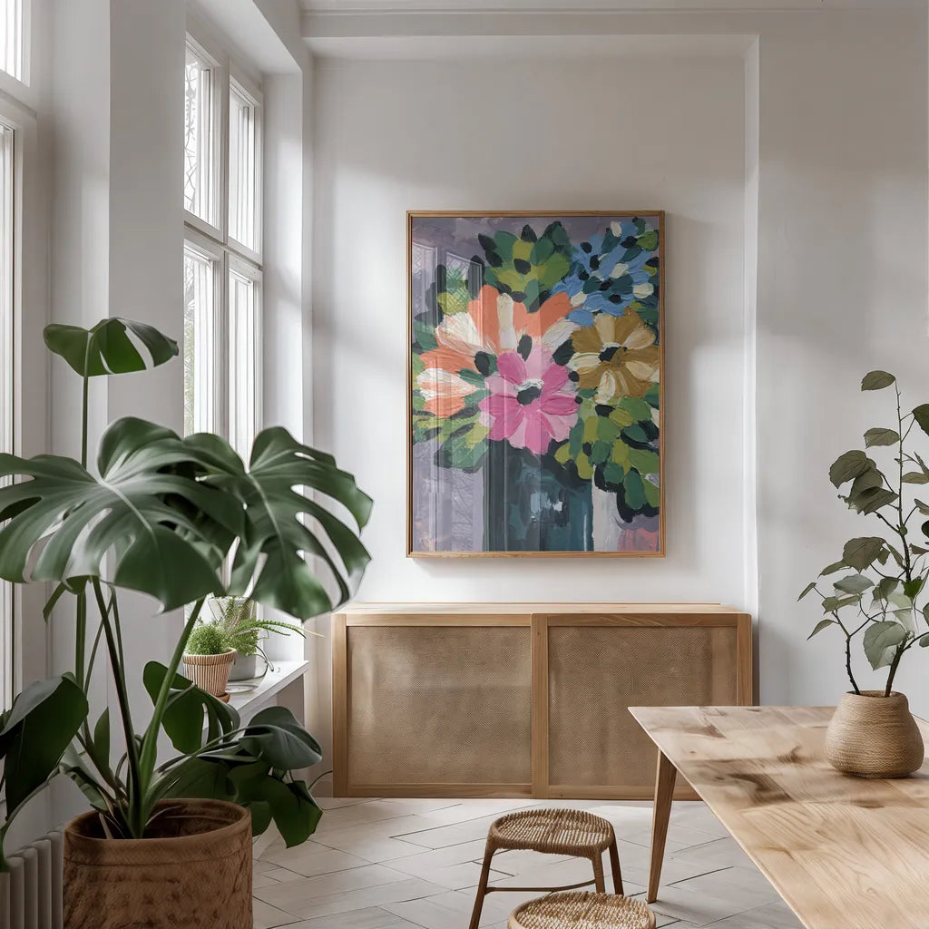 Painterly Florals in Vase I by Yvette St. Amant. shown as a print in a natural wood frame in a dining room. Available as a archival giclee rolled canvas, fine art paper, or poster print. SKU 88806h.