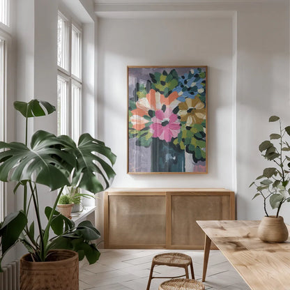 Painterly Florals in Vase I by Yvette St. Amant. shown as a print in a natural wood frame in a dining room. Available as a archival giclee rolled canvas, fine art paper, or poster print. SKU 88806h.