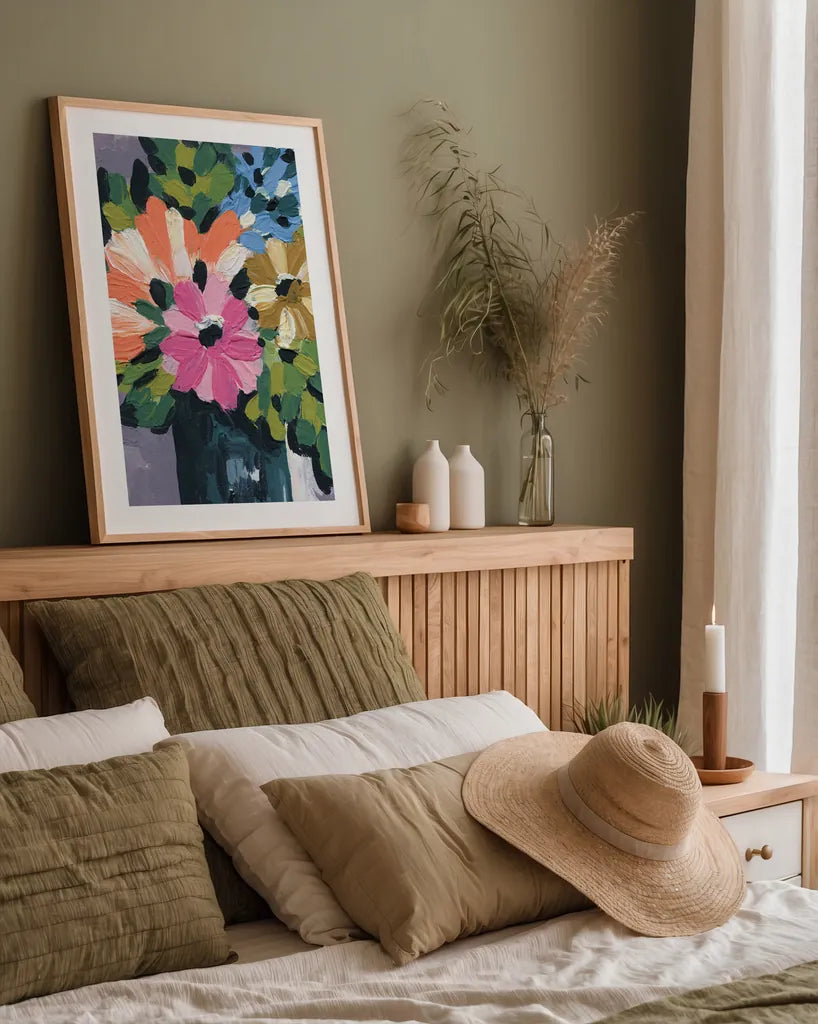 Painterly Florals in Vase I by Yvette St. Amant. shown as a paper print in a natural frame. Available as a archival giclee rolled canvas, fine art paper, or poster print. SKU 88806h.
