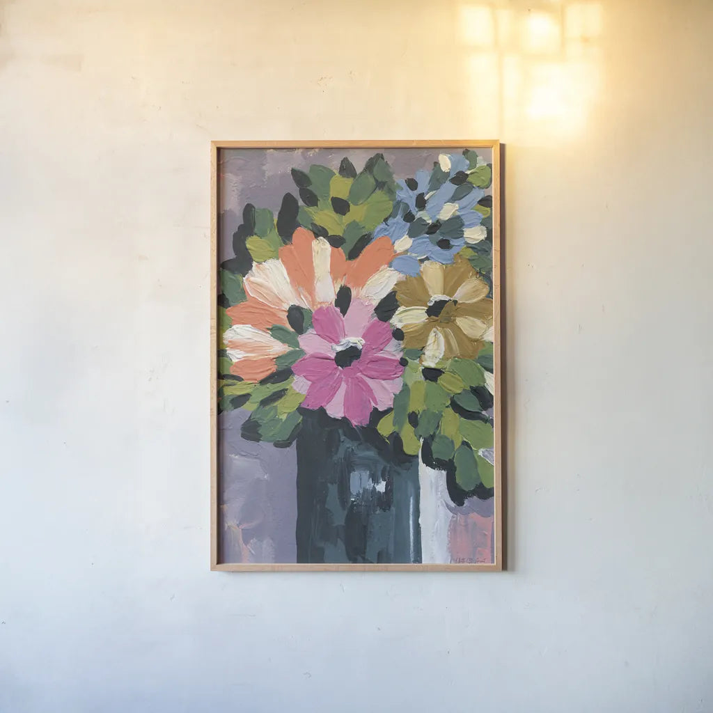 Painterly Florals in Vase I by Yvette St. Amant. shown as a paper print in a natural frame. Available as a archival giclee rolled canvas, fine art paper, or poster print. SKU 88806h.