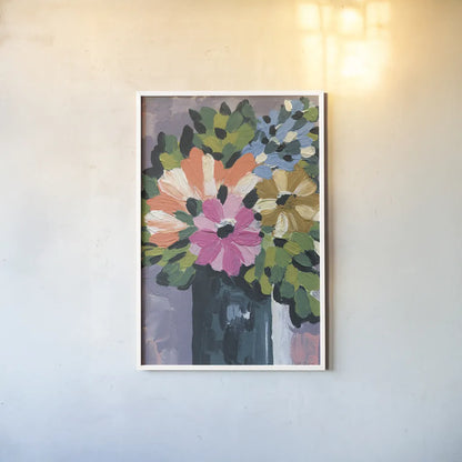 Painterly Florals in Vase I by Yvette St. Amant. shown as a paper print in a white frame. Available as a archival giclee rolled canvas, fine art paper, or poster print. SKU 88806h.