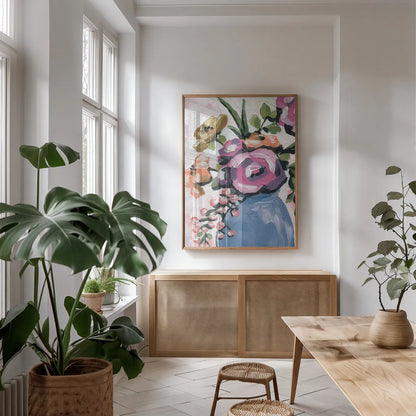 Painterly Florals in Vase II by Yvette St. Amant. shown as a print in a natural wood frame in a dining room. Available as a archival giclee rolled canvas, fine art paper, or poster print. SKU 88807h.