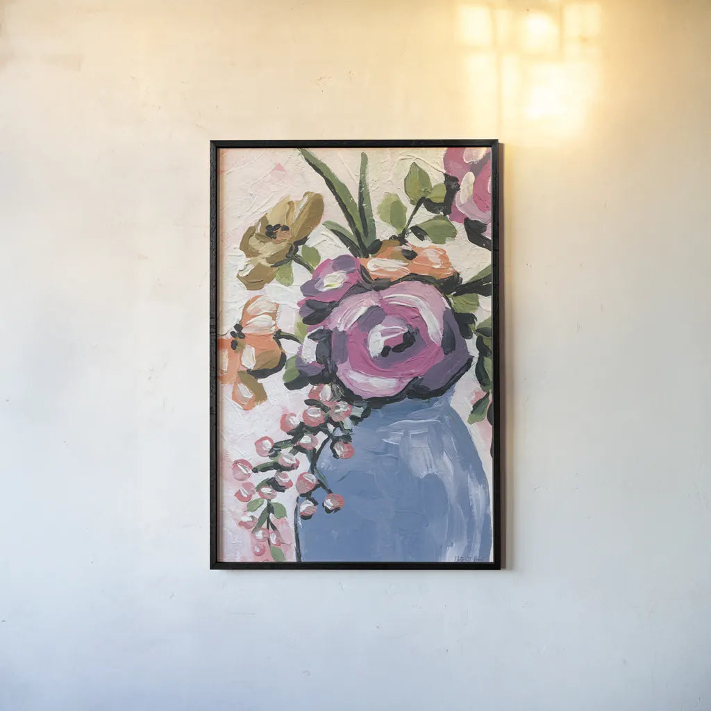 Painterly Florals in Vase II by Yvette St. Amant. shown as a paper print in a black flame. Available as a archival giclee rolled canvas, fine art paper, or poster print. SKU 88807h.