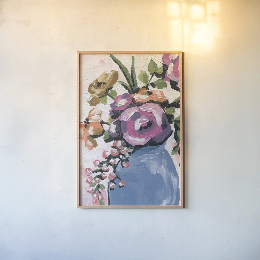 Painterly Florals in Vase II by Yvette St. Amant. shown as a paper print in a natural frame. Available as a archival giclee rolled canvas, fine art paper, or poster print. SKU 88807h.