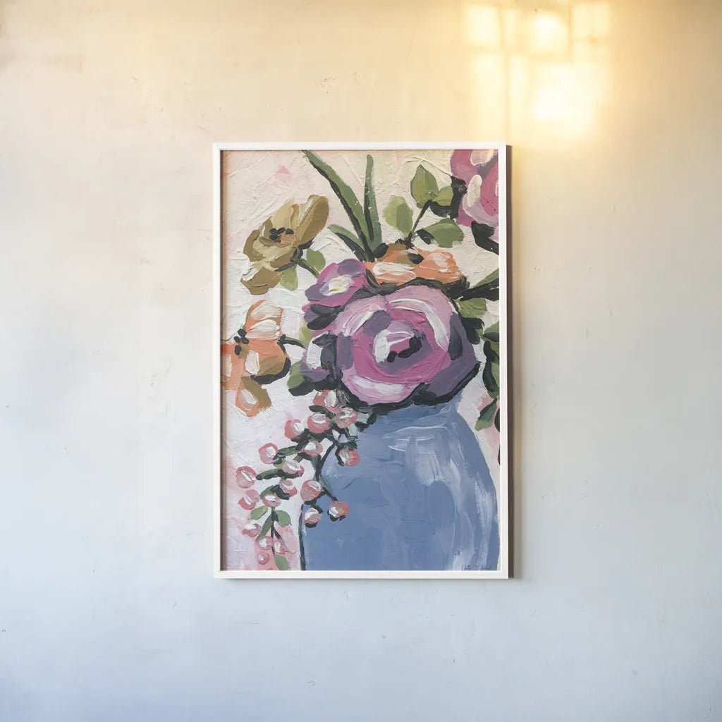 Painterly Florals in Vase II by Yvette St. Amant. shown as a paper print in a white frame. Available as a archival giclee rolled canvas, fine art paper, or poster print. SKU 88807h.