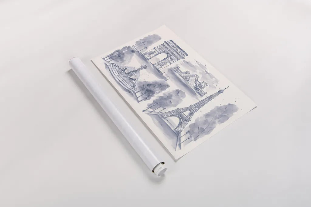 Paris Landmarks by Yvette St. Amant. shown as a rolled paper print. Available as archival giclee rolled canvas, fine art paper, or poster print. SKU 94656i.