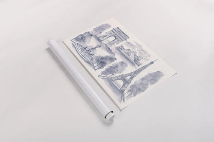 Paris Landmarks by Yvette St. Amant. shown as a rolled paper print. Available as archival giclee rolled canvas, fine art paper, or poster print. SKU 94656i.