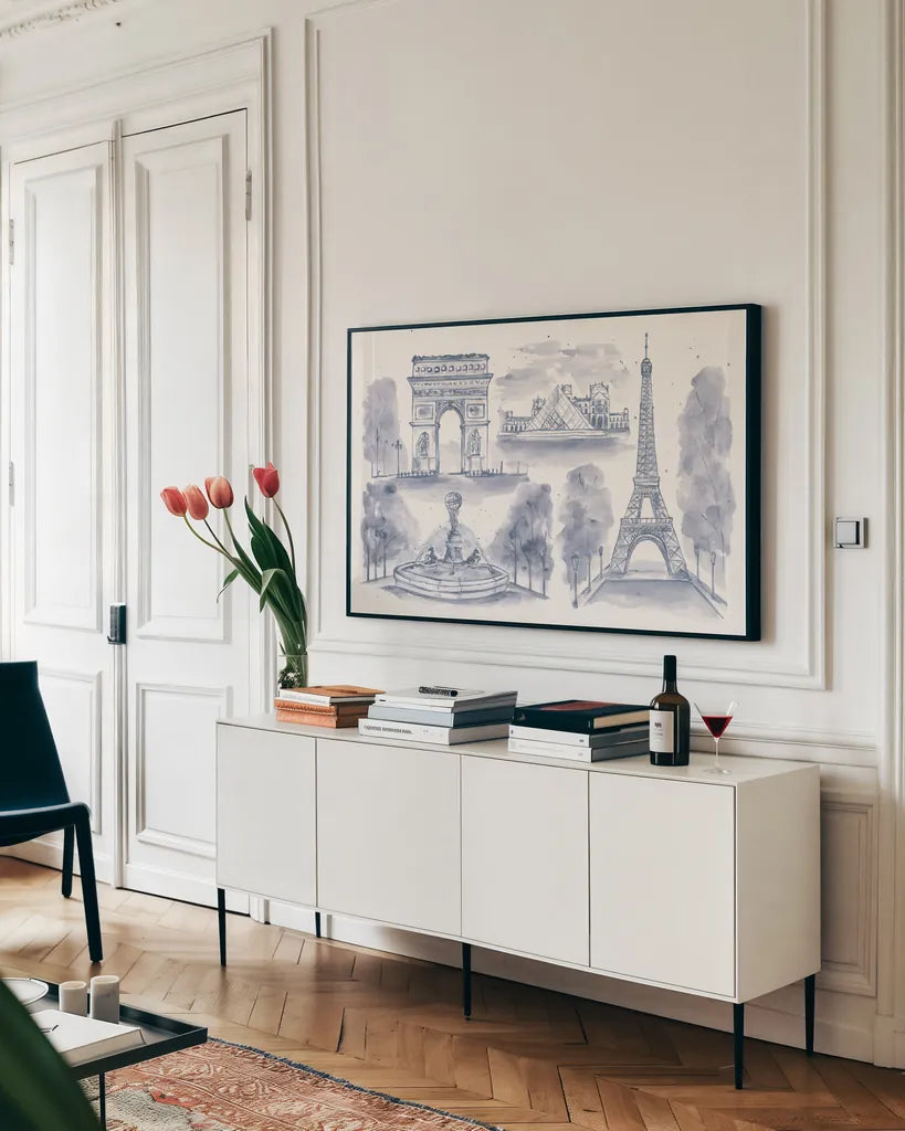 Paris Landmarks by Yvette St. Amant. shown as a framed stretched canvas in a living room above a console. Available as a archival giclee rolled canvas, fine art paper, or poster print. SKU 94656i.