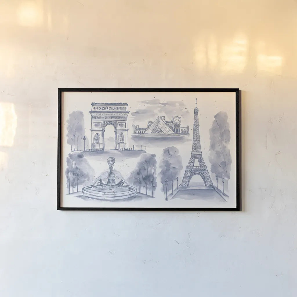 Paris Landmarks by Yvette St. Amant. shown as a paper print in a black flame. Available as a archival giclee rolled canvas, fine art paper, or poster print. SKU 94656i.