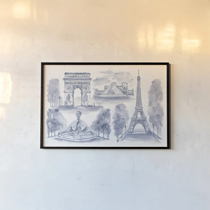 Paris Landmarks by Yvette St. Amant. shown as a paper print in a black flame. Available as a archival giclee rolled canvas, fine art paper, or poster print. SKU 94656i.