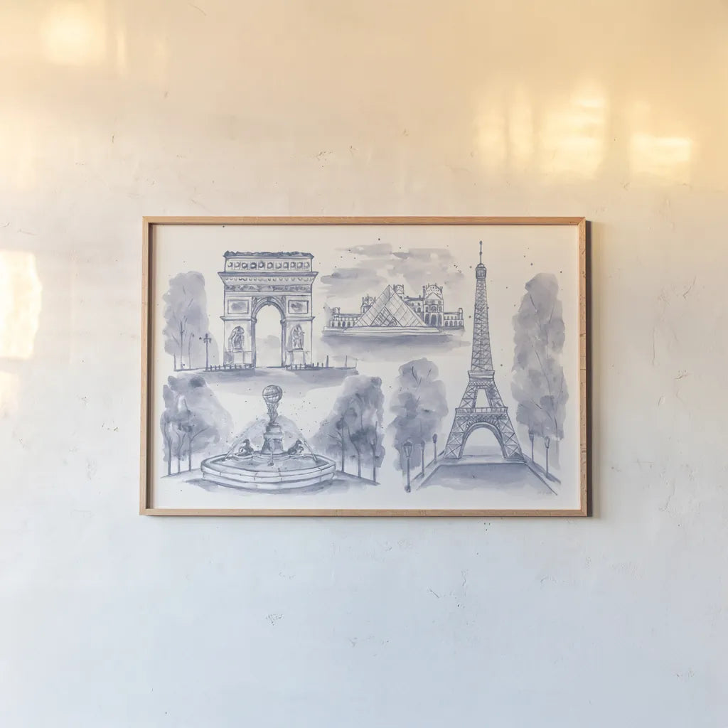 Paris Landmarks by Yvette St. Amant. shown as a paper print in a natural frame. Available as a archival giclee rolled canvas, fine art paper, or poster print. SKU 94656i.