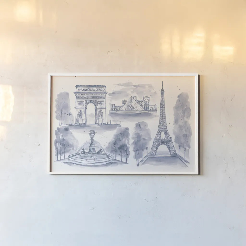 Paris Landmarks by Yvette St. Amant. shown as a paper print in a white frame. Available as a archival giclee rolled canvas, fine art paper, or poster print. SKU 94656i.
