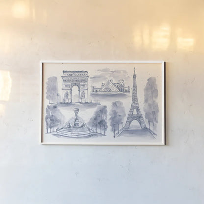 Paris Landmarks by Yvette St. Amant. shown as a paper print in a white frame. Available as a archival giclee rolled canvas, fine art paper, or poster print. SKU 94656i.