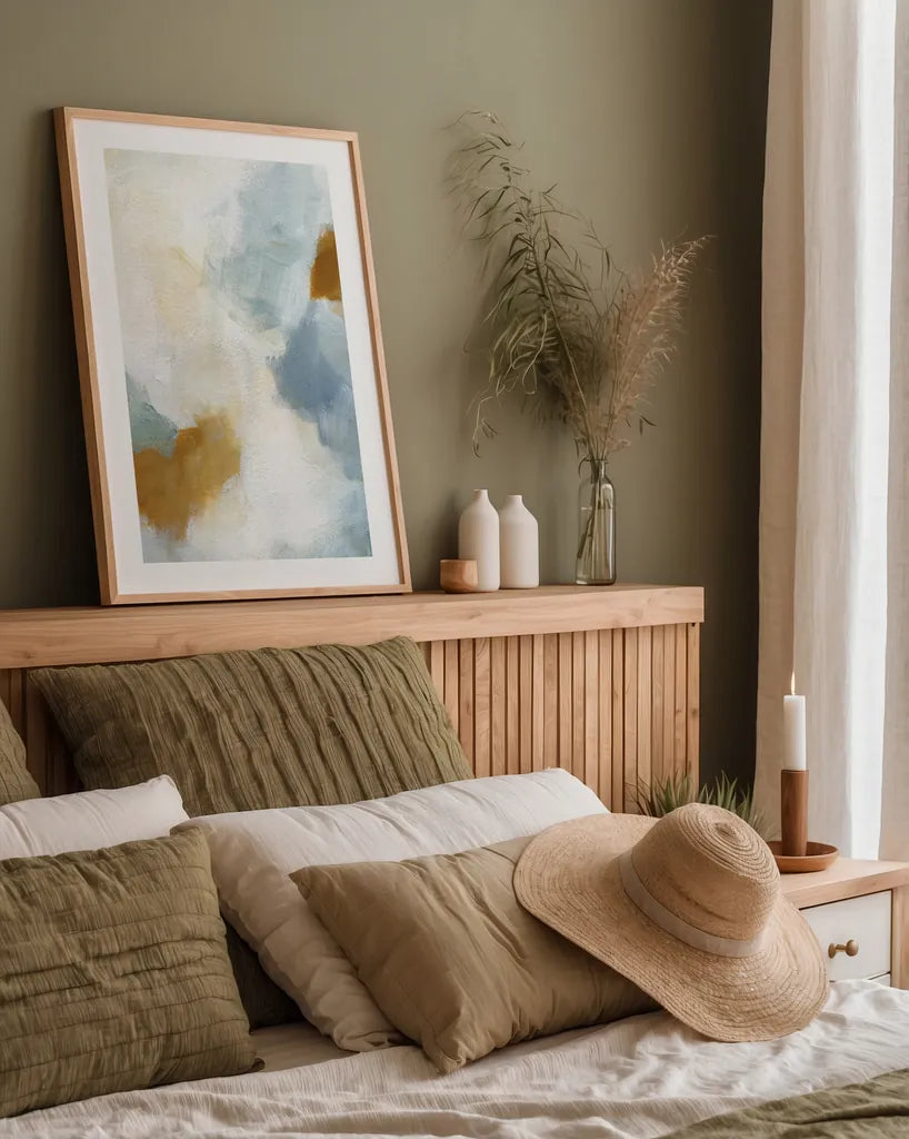 Patch of Gold Abstract I by Yvette St. Amant. shown as a paper print in a natural frame. Available as a archival giclee rolled canvas, fine art paper, or poster print. SKU 88515h.