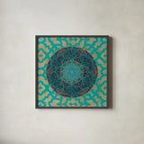 Patina Mandala I by Yvette St. Amant. Shown in a sleek black glass frame for a contemporary gallery look. Available as an archival giclee rolled canvas, fine art paper, or poster print. SKU 91066a.