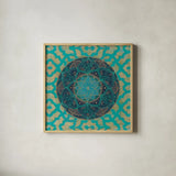 Patina Mandala I by Yvette St. Amant. Shown in a natural wood glass frame for a timeless modern aesthetic. Available as an archival giclee rolled canvas, fine art paper, or poster print. SKU 91066a.
