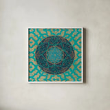 Patina Mandala I by Yvette St. Amant. Shown in a crisp white glass frame for a clean and minimalist style. Available as an archival giclee rolled canvas, fine art paper, or poster print. SKU 91066a.