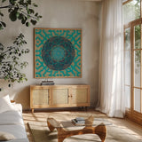 Patina Mandala I by Yvette St. Amant. Shown in a natural wood frame in a cozy modern living room. Available as an archival giclee rolled canvas, fine art paper, or poster print. SKU 91066a.