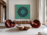 Patina Mandala I by Yvette St. Amant. Shown as extra-large giant wall art in a modern living room. Available as an archival giclee rolled canvas, fine art paper, or poster print. SKU 91066a.