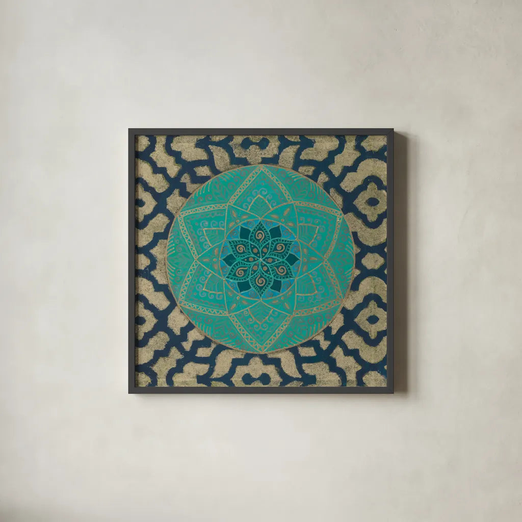 Patina Mandala II by Yvette St. Amant. Shown in a sleek black glass frame for a contemporary gallery look. Available as an archival giclee rolled canvas, fine art paper, or poster print. SKU 91067a.