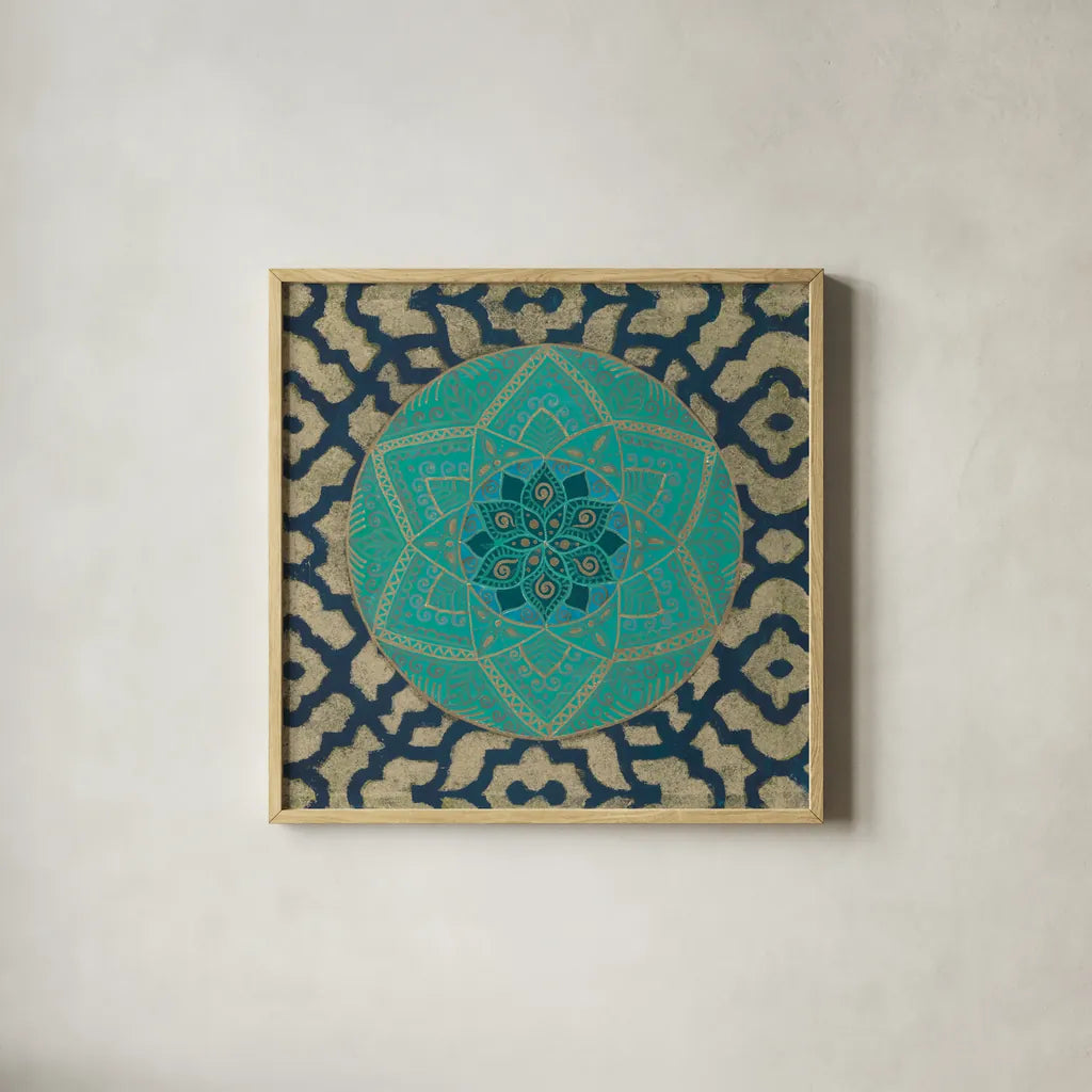 Patina Mandala II by Yvette St. Amant. Shown in a natural wood glass frame for a timeless modern aesthetic. Available as an archival giclee rolled canvas, fine art paper, or poster print. SKU 91067a.