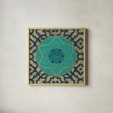 Patina Mandala II by Yvette St. Amant. Shown in a natural wood glass frame for a timeless modern aesthetic. Available as an archival giclee rolled canvas, fine art paper, or poster print. SKU 91067a.