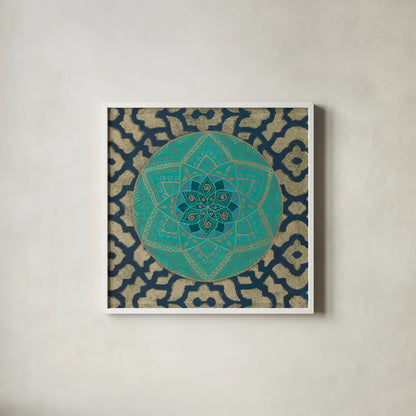 Patina Mandala II by Yvette St. Amant. Shown in a crisp white glass frame for a clean and minimalist style. Available as an archival giclee rolled canvas, fine art paper, or poster print. SKU 91067a.