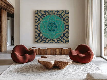Patina Mandala II by Yvette St. Amant. Shown as extra-large giant wall art in a modern living room. Available as an archival giclee rolled canvas, fine art paper, or poster print. SKU 91067a.