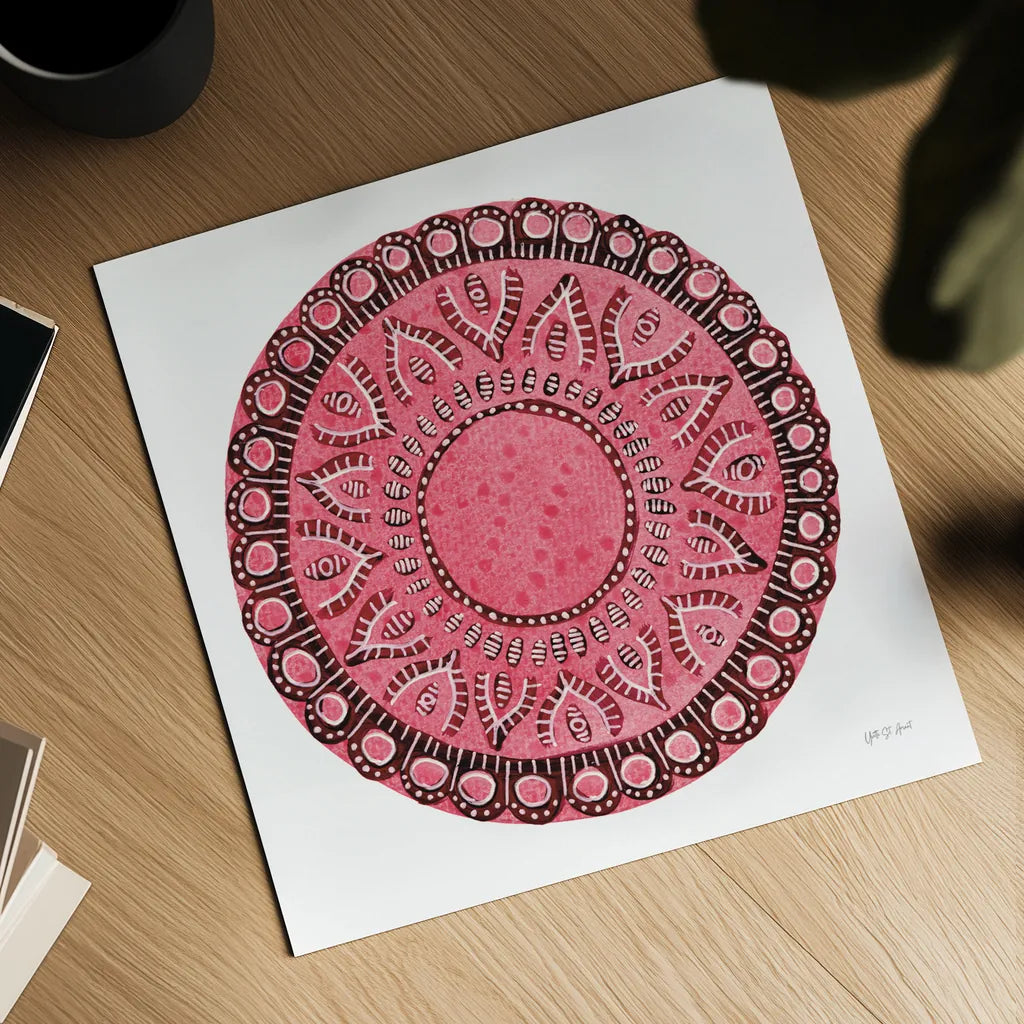 Pink Mandala by Yvette St. Amant. Shown as a detailed flat fine art print, highlighting archival giclee quality. Available as an archival giclee rolled canvas, fine art paper, or poster print. SKU 88260a.