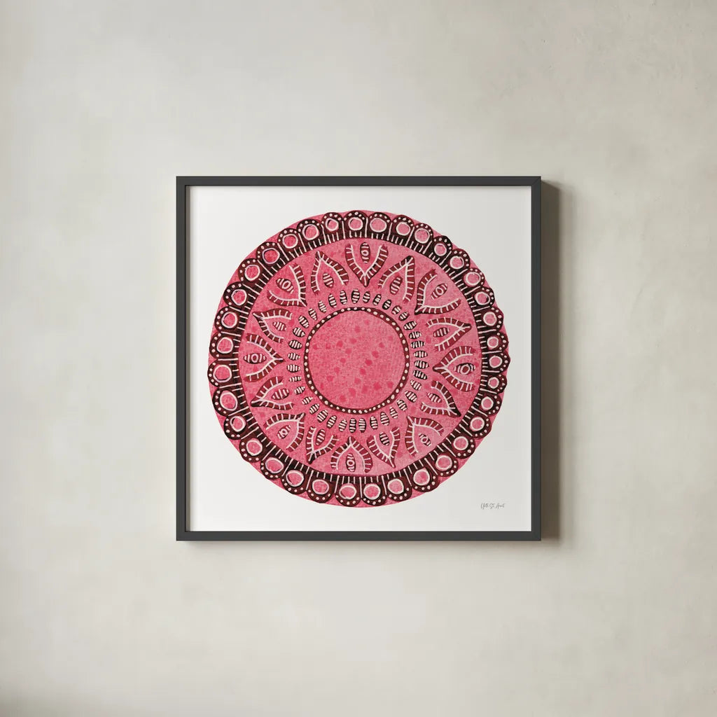 Pink Mandala by Yvette St. Amant. Shown in a sleek black glass frame for a contemporary gallery look. Available as an archival giclee rolled canvas, fine art paper, or poster print. SKU 88260a.