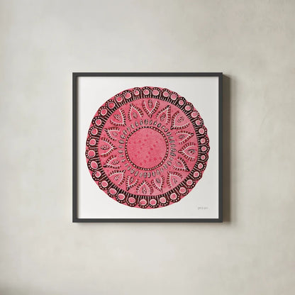 Pink Mandala by Yvette St. Amant. Shown in a sleek black glass frame for a contemporary gallery look. Available as an archival giclee rolled canvas, fine art paper, or poster print. SKU 88260a.