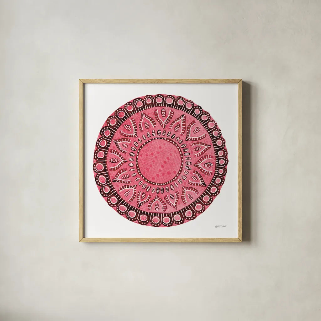 Pink Mandala by Yvette St. Amant. Shown in a natural wood glass frame for a timeless modern aesthetic. Available as an archival giclee rolled canvas, fine art paper, or poster print. SKU 88260a.