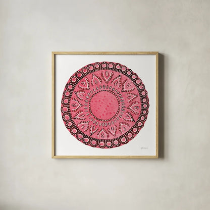 Pink Mandala by Yvette St. Amant. Shown in a natural wood glass frame for a timeless modern aesthetic. Available as an archival giclee rolled canvas, fine art paper, or poster print. SKU 88260a.