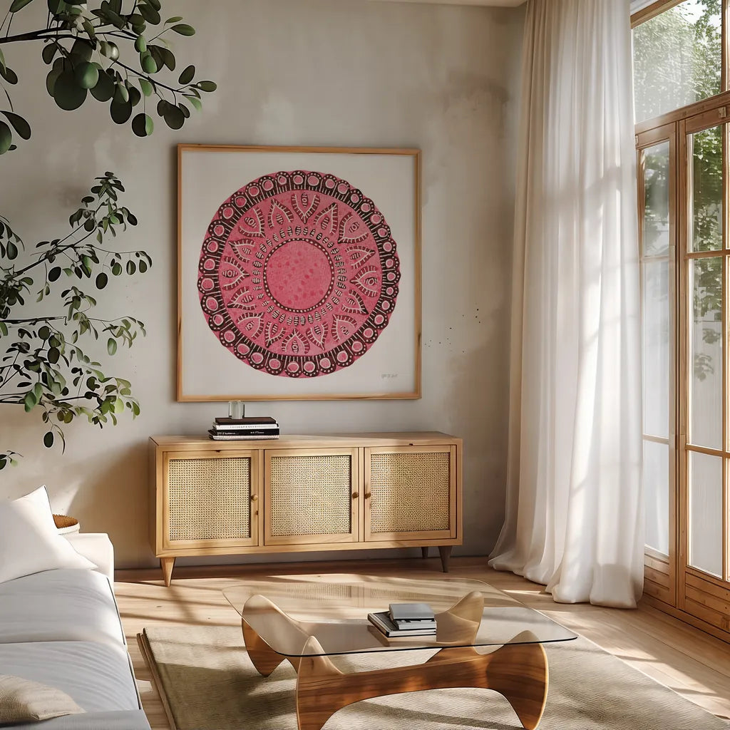 Pink Mandala by Yvette St. Amant. Shown in a natural wood frame in a cozy modern living room. Available as an archival giclee rolled canvas, fine art paper, or poster print. SKU 88260a.
