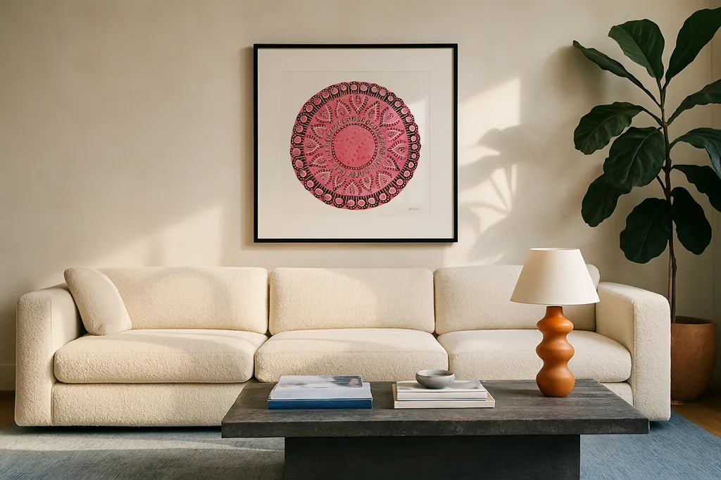 Pink Mandala by Yvette St. Amant. Displayed in a glass frame with matte in a clean modern living room. Available as an archival giclee rolled canvas, fine art paper, or poster print. SKU 88260a.