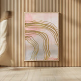 Pink and Gold Abstract I by Yvette St. Amant. shown as over sized large wall art. Available as an archival giclee rolled canvas, fine art paper, or poster print. SKU 90983h.