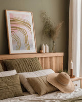 Pink and Gold Abstract I by Yvette St. Amant. shown as a paper print in a natural frame. Available as a archival giclee rolled canvas, fine art paper, or poster print. SKU 90983h.
