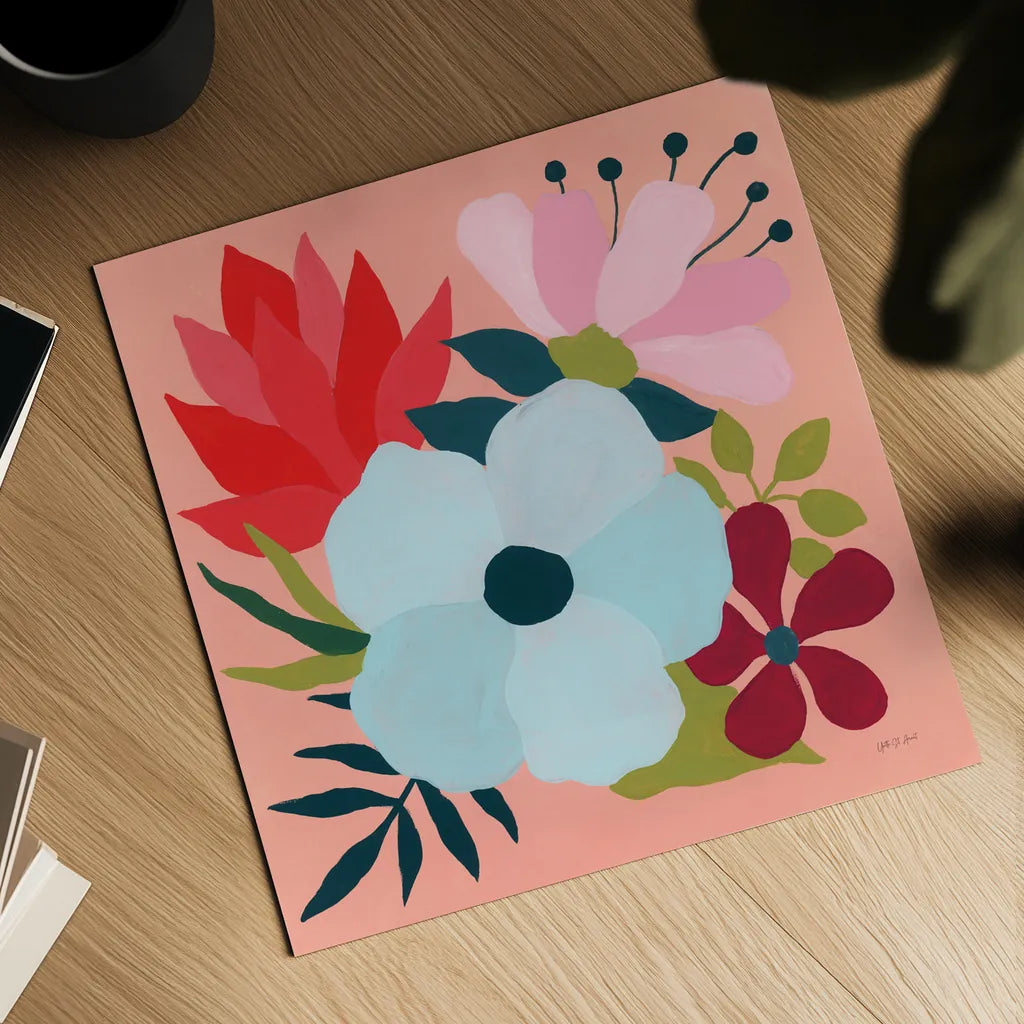 Pretty Florals I by Yvette St. Amant. Shown as a detailed flat fine art print, highlighting archival giclee quality. Available as an archival giclee rolled canvas, fine art paper, or poster print. SKU 93231a.