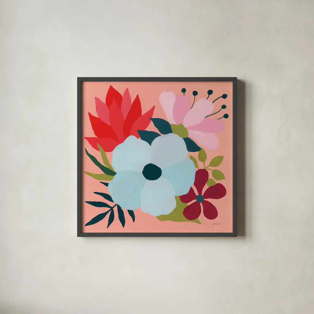 Pretty Florals I by Yvette St. Amant. Shown in a sleek black glass frame for a contemporary gallery look. Available as an archival giclee rolled canvas, fine art paper, or poster print. SKU 93231a.
